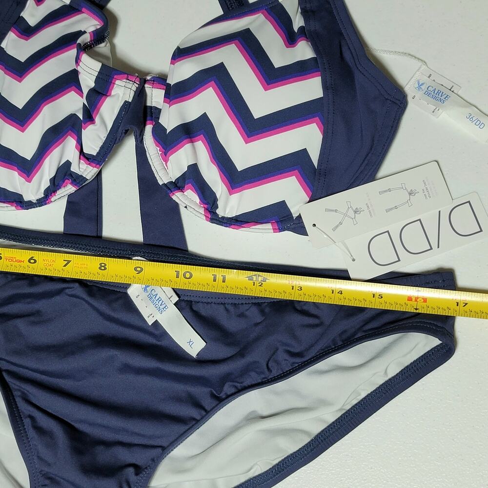 Carve Designs Bikini 2‎ Piece Swimsuit Underwire XL 36DD D XL Navy Pink Chevron - Picture 14 of 16